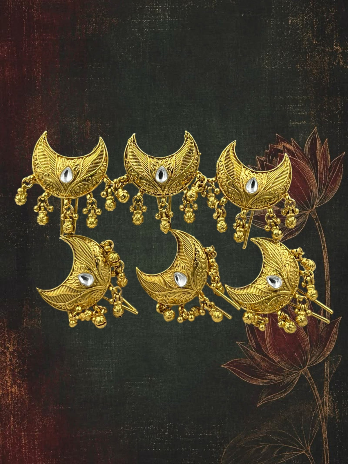 SHE BEAUTY set of 6 antique gold crescent charms with white stone accents and dangling bead details for festive wear.