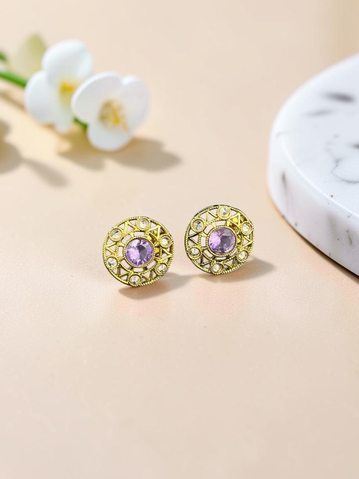SHE BEAUTY antique style round stud earrings with purple central stones and intricate gold filigree detailing