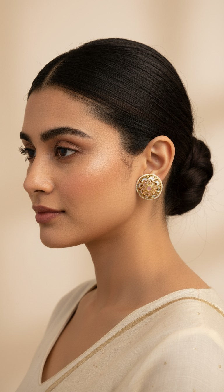 SHE BEAUTY antique kundan tops featuring a round floral design with pearl accents worn by a woman in profile