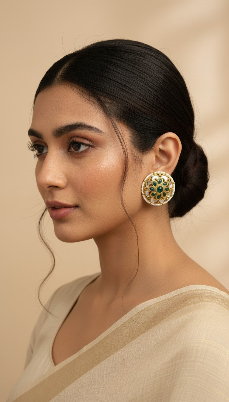 SHE BEAUTY antique kundan tops featuring a green stone center and pearl border worn by a woman in a neutral saree.