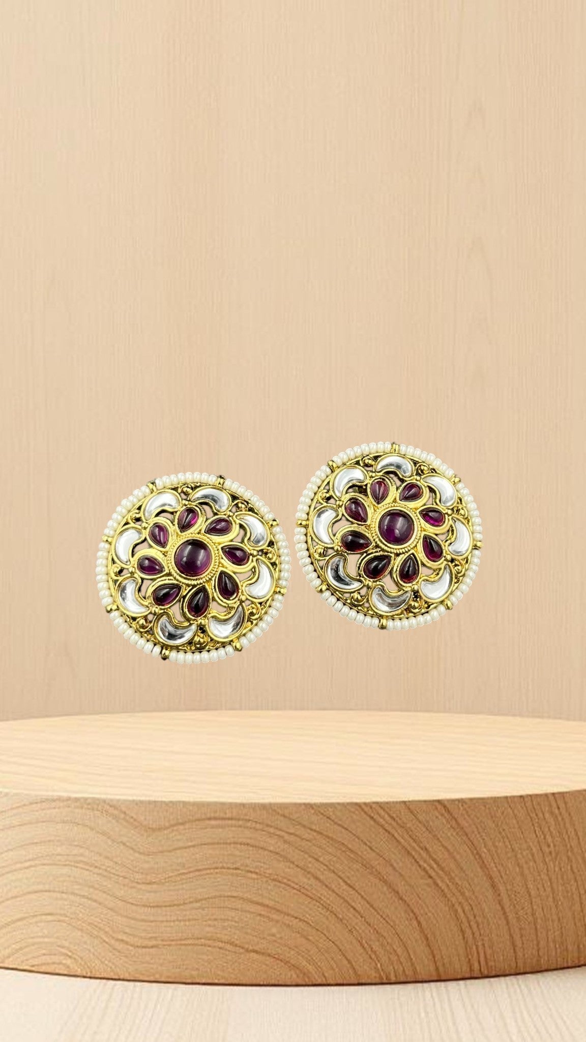 SHE BEAUTY antique kundan tops featuring round gold frames with maroon stones, white accents, and pearl bead borders.