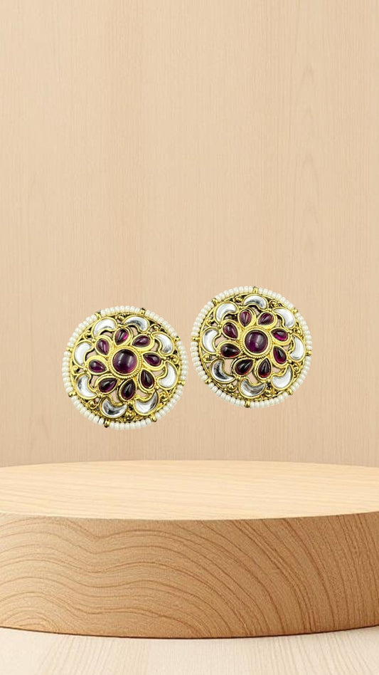 SHE BEAUTY antique kundan tops featuring round gold frames with maroon stones, white accents, and pearl bead borders.