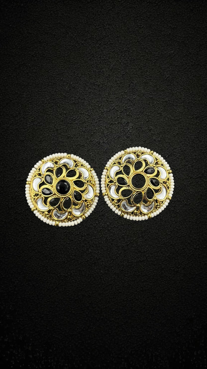 SHE BEAUTY antique kundan tops featuring round gold frames with black stones, white kundan accents, and pearl borders.