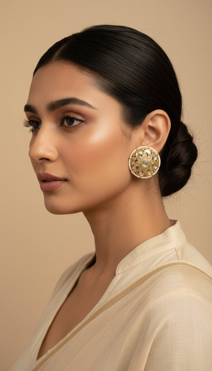 SHE BEAUTY antique kundan tops featuring a floral design with pearl accents worn by a woman in a beige outfit
