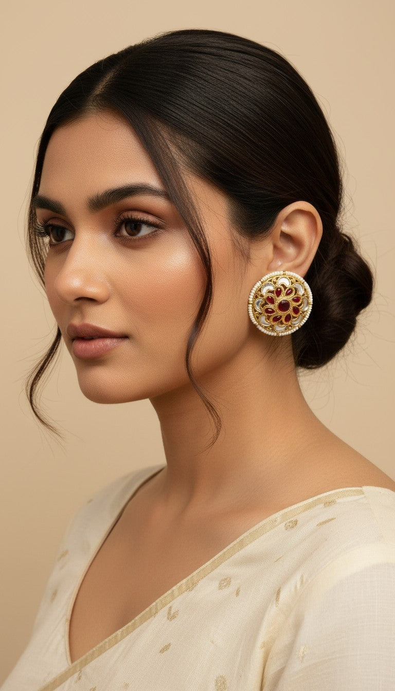 SHE BEAUTY antique kundan tops featuring red stones and pearl accents worn by a woman in traditional Indian attire