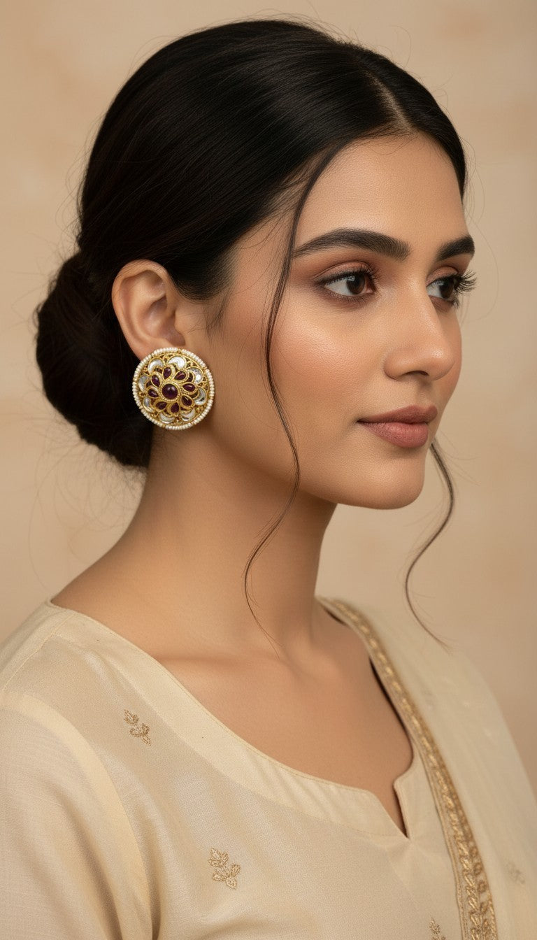 SHE BEAUTY antique kundan tops featuring a floral design with maroon stones and pearl accents worn by a woman