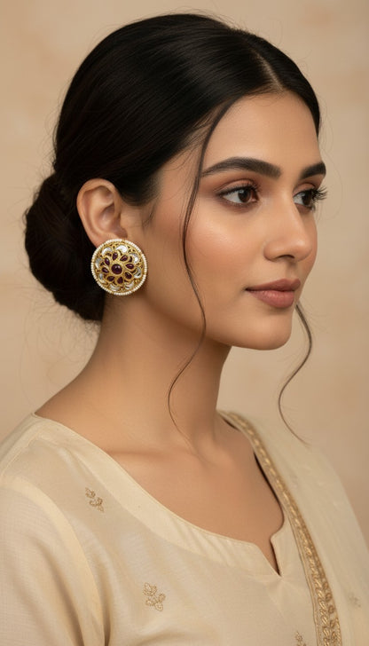 SHE BEAUTY antique kundan tops featuring a floral design with maroon stones and pearl accents worn by a woman