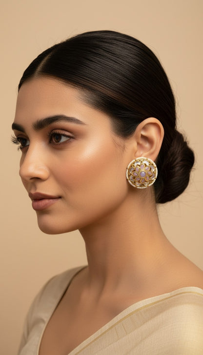 SHE BEAUTY antique kundan tops featuring a round floral design with soft purple stones and delicate pearl detailing.