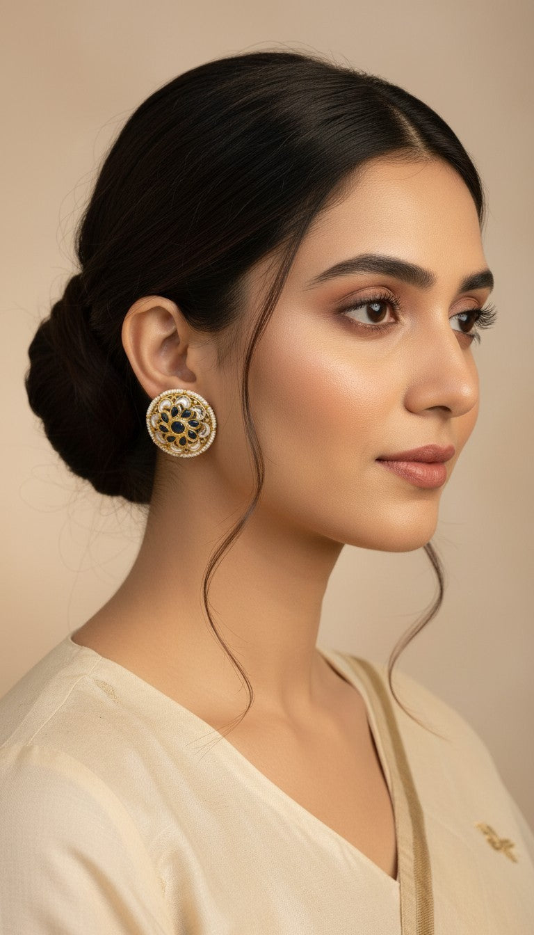 SHE BEAUTY antique kundan tops featuring blue stones and pearl accents worn by a woman in a side profile view.