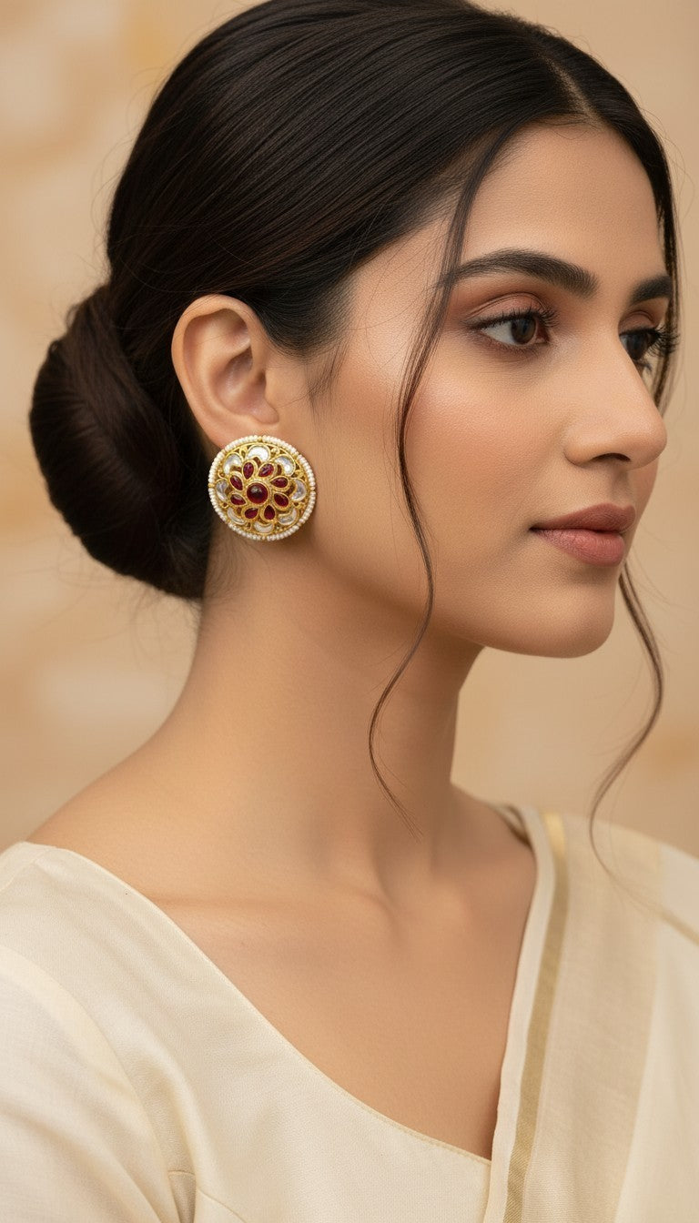 SHE BEAUTY antique kundan tops featuring a round floral design with red stones and pearl accents on a woman