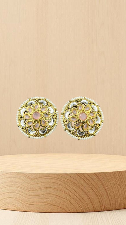 SHE BEAUTY antique kundan tops featuring a round gold floral design with pink stones and delicate pearl border