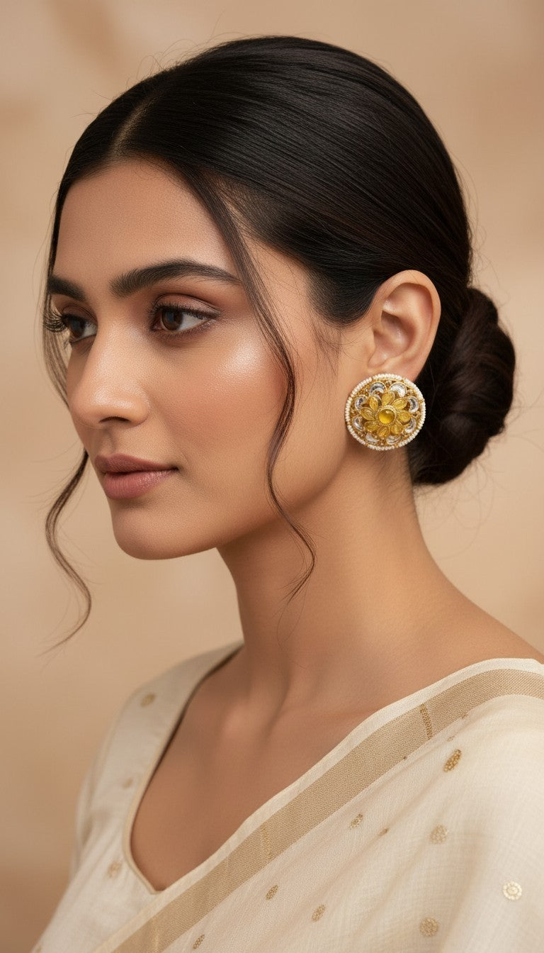 SHE BEAUTY antique kundan tops featuring a floral gold design with pearl accents worn by a woman in ethnic attire