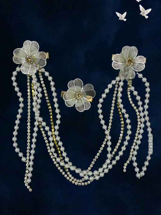SHE BEAUTY 3 blossoms hair chain clips featuring silver flower charms with pearl and crystal beaded drapes.