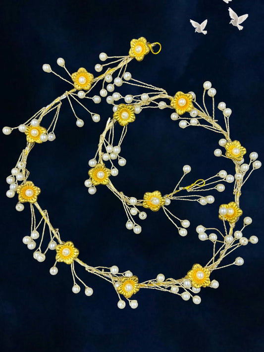 SHE BEAUTY blossom pearl hair vine tiara featuring gold flowers and delicate pearl accents for festive party wear.