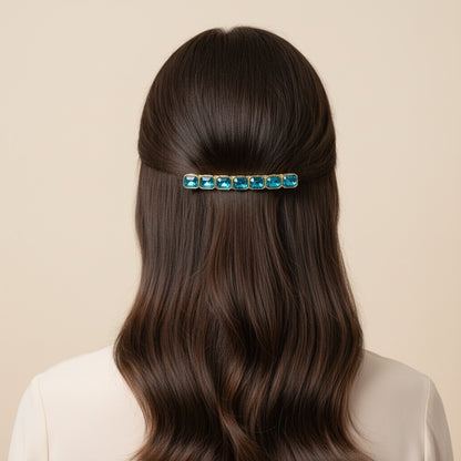 SHE BEAUTY 7 gemstones barrette featuring vibrant blue rectangular crystals in a gold-tone setting on brown hair