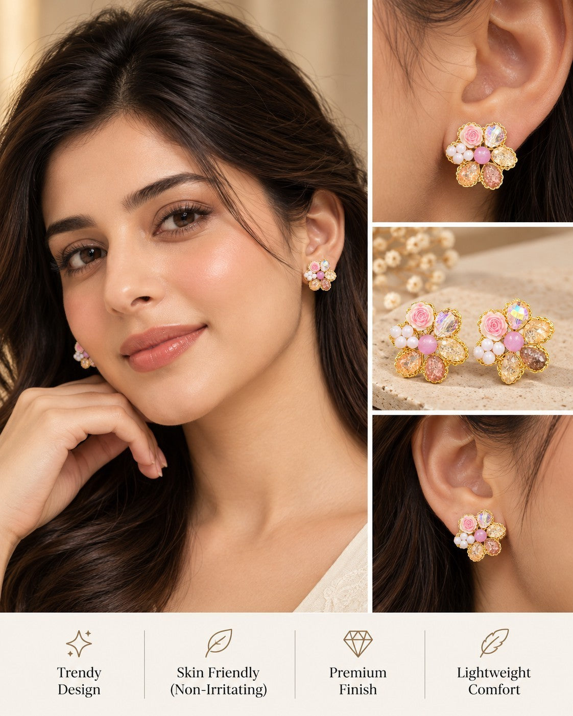 SHE BEAUTY BLUSH GARDEN floral stud earrings featuring pink rose accents and sparkling crystals on a model.