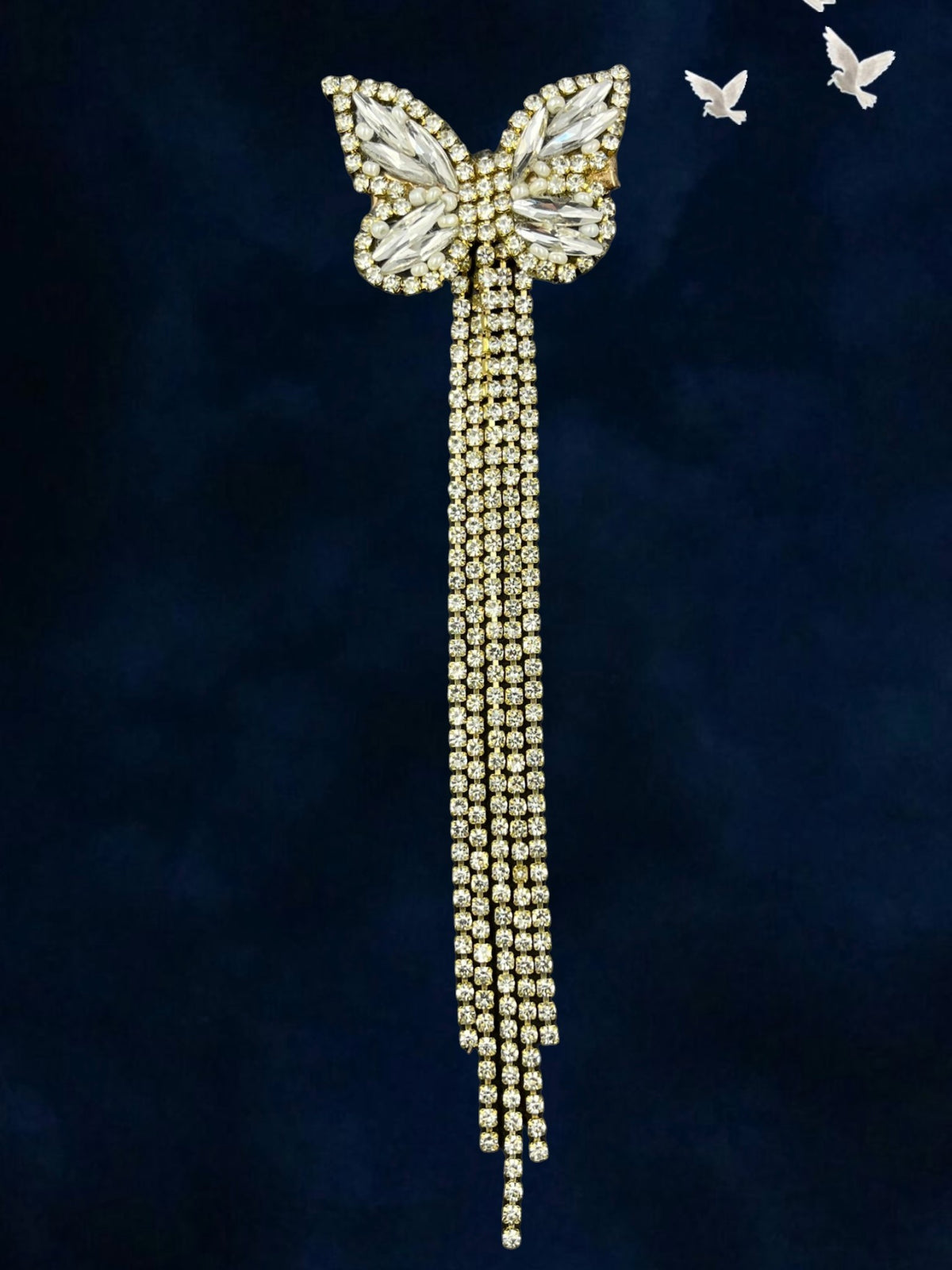 SHE BEAUTY butterfly hair pin featuring sparkling crystal stones and long dangling rhinestone tassels for party wear.