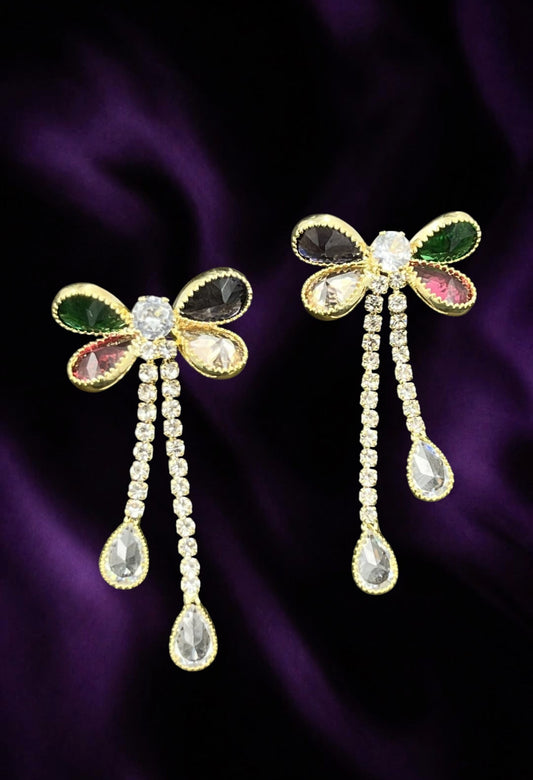 SHE BEAUTY butterfly drop earrings featuring multi-colored crystals and dangling teardrop stones on gold-tone metal.