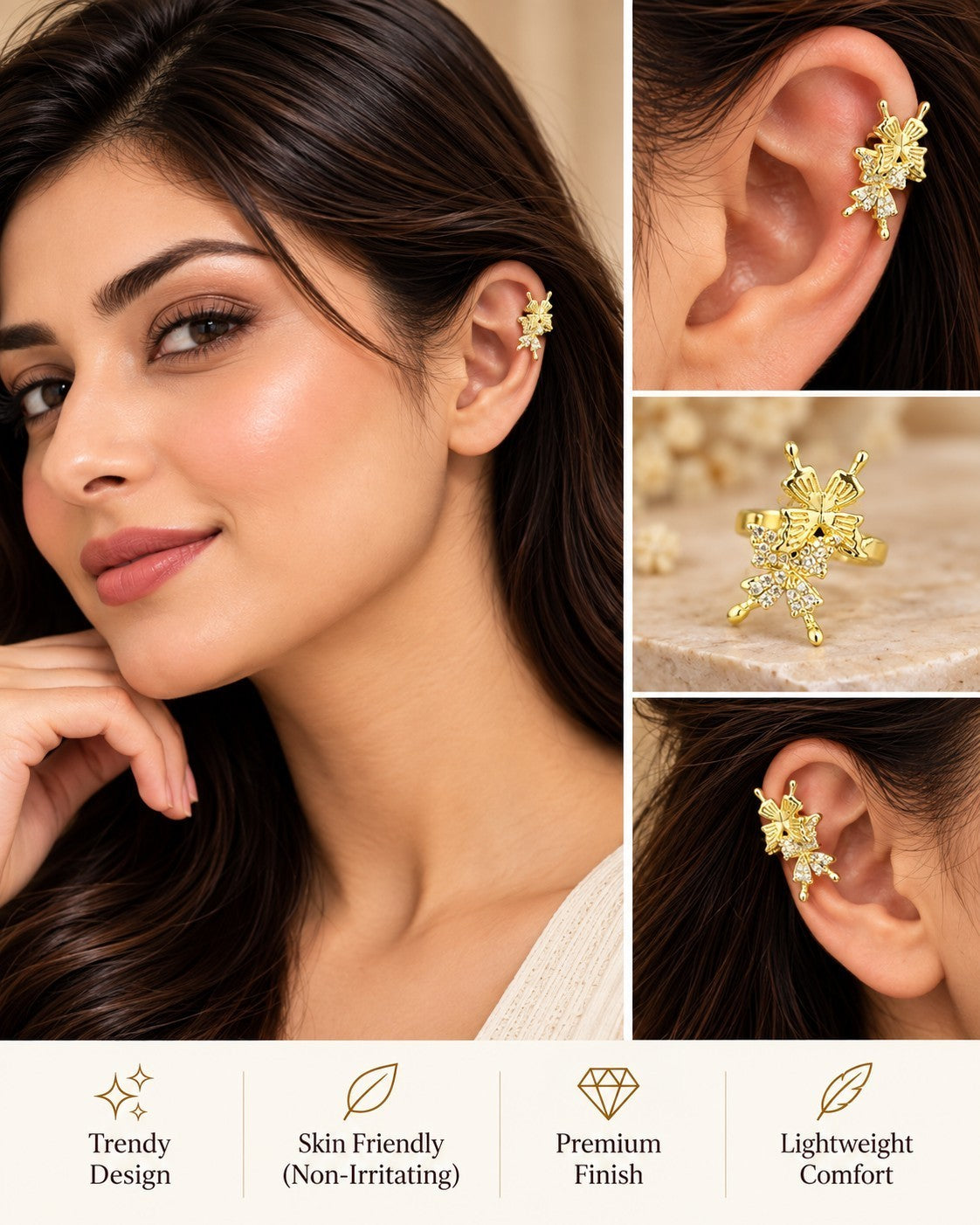 SHE BEAUTY gold-toned butterfly ear cuff with sparkling stones, worn by a woman for a stylish festive look.