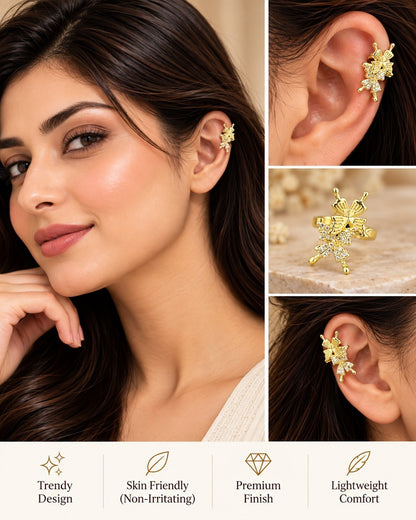 SHE BEAUTY gold-toned butterfly ear cuff with sparkling stones, worn by a woman for a stylish festive look.