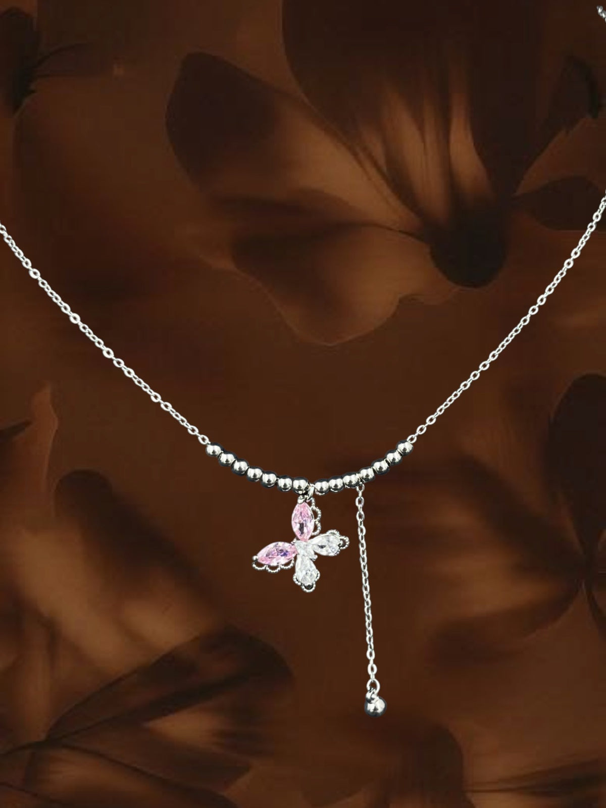 SHE BEAUTY butterfly lariat pendant necklace with pink and clear crystal stones on a silver-toned beaded chain