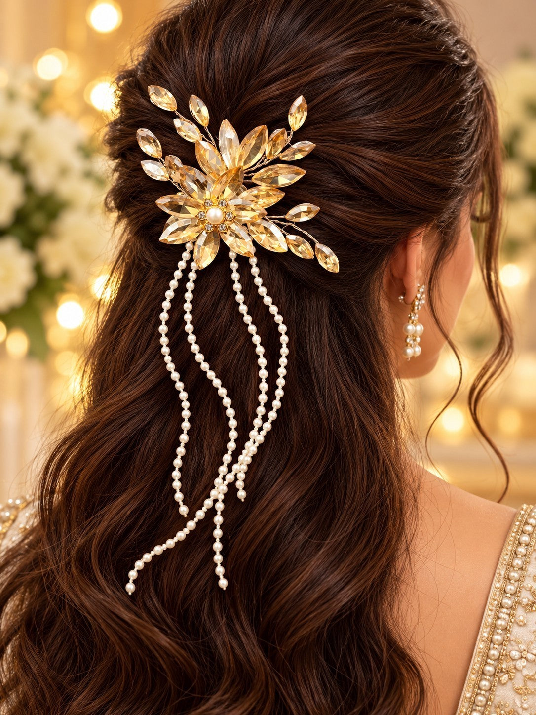 SHE BEAUTY AD cascade pearl trails hair pin with gold crystal flower accents worn in long wavy brown hair