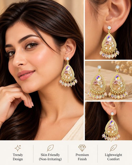 SHE BEAUTY Celestial Drop gold-toned teardrop earrings with iridescent crystals and dangling beads for festive wear