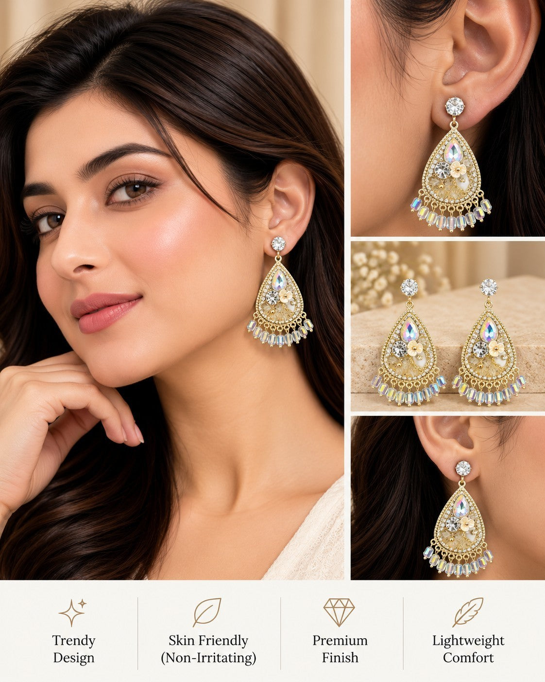 SHE BEAUTY Celestial Drop gold-tone teardrop earrings with floral accents and iridescent crystal dangles