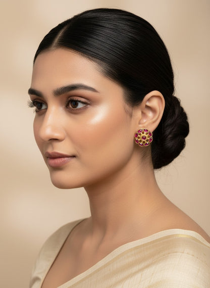 SHE BEAUTY COLOUR STUDS featuring round gold-toned floral earrings with vibrant pink stones worn by a woman