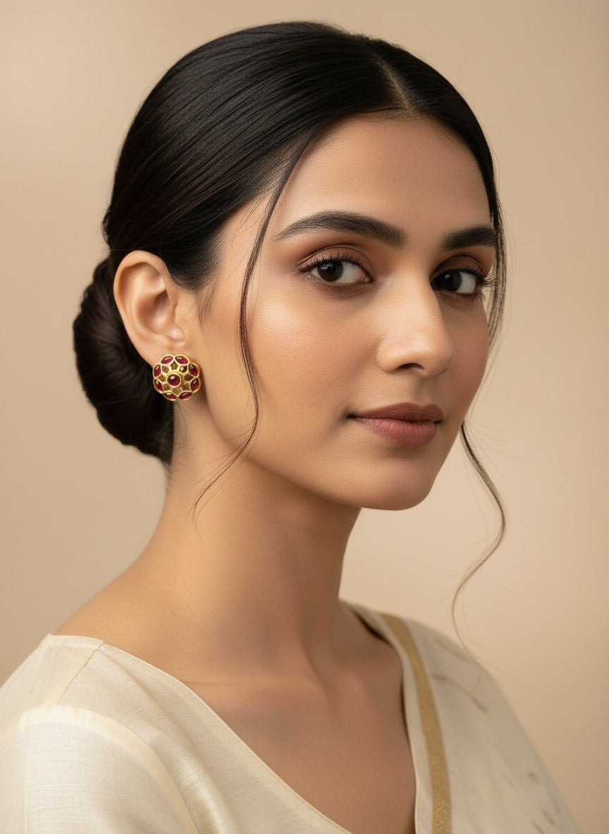 SHE BEAUTY COLOUR STUDS featuring a round gold-tone floral design with deep red stones worn by a woman in a saree.