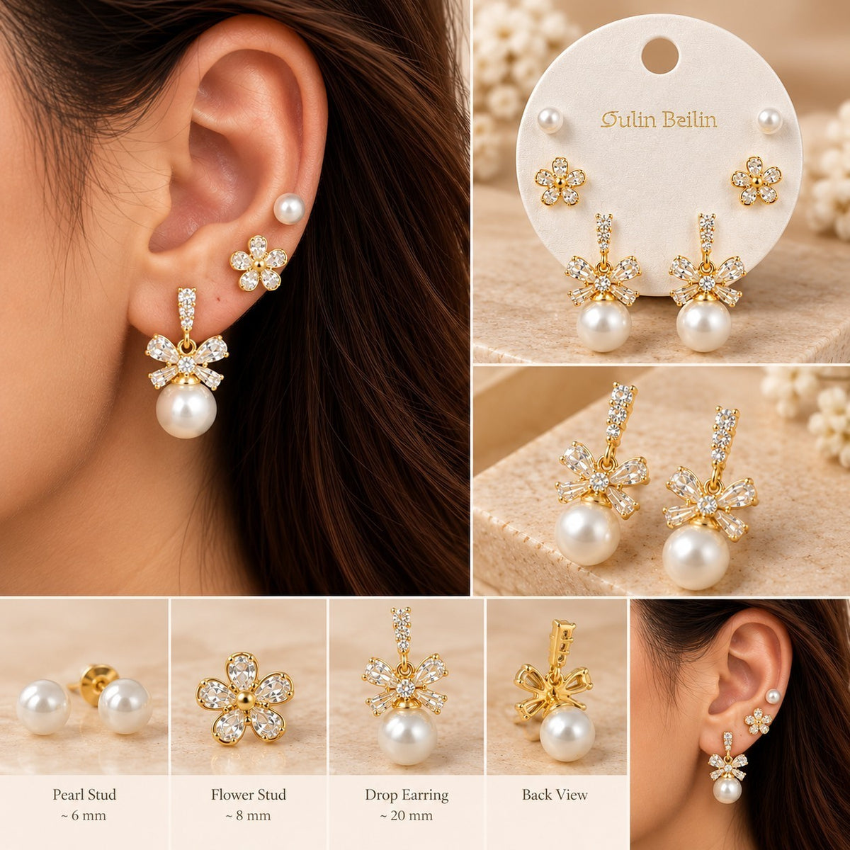 SHE BEAUTY 925 Coquette stud earrings featuring gold-tone flower designs, crystal accents, and dangling white pearls.