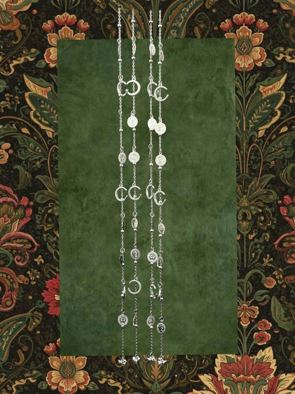 SHE BEAUTY silver-toned 4-piece chain set featuring crescent moon, coin, and bell charms for festive party wear.