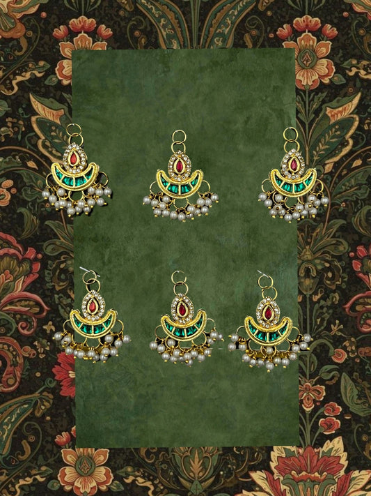 SHE BEAUTY crescent moon meenakari hair beads with AD stones, gold finish, and pearl accents, set of 6 pieces.