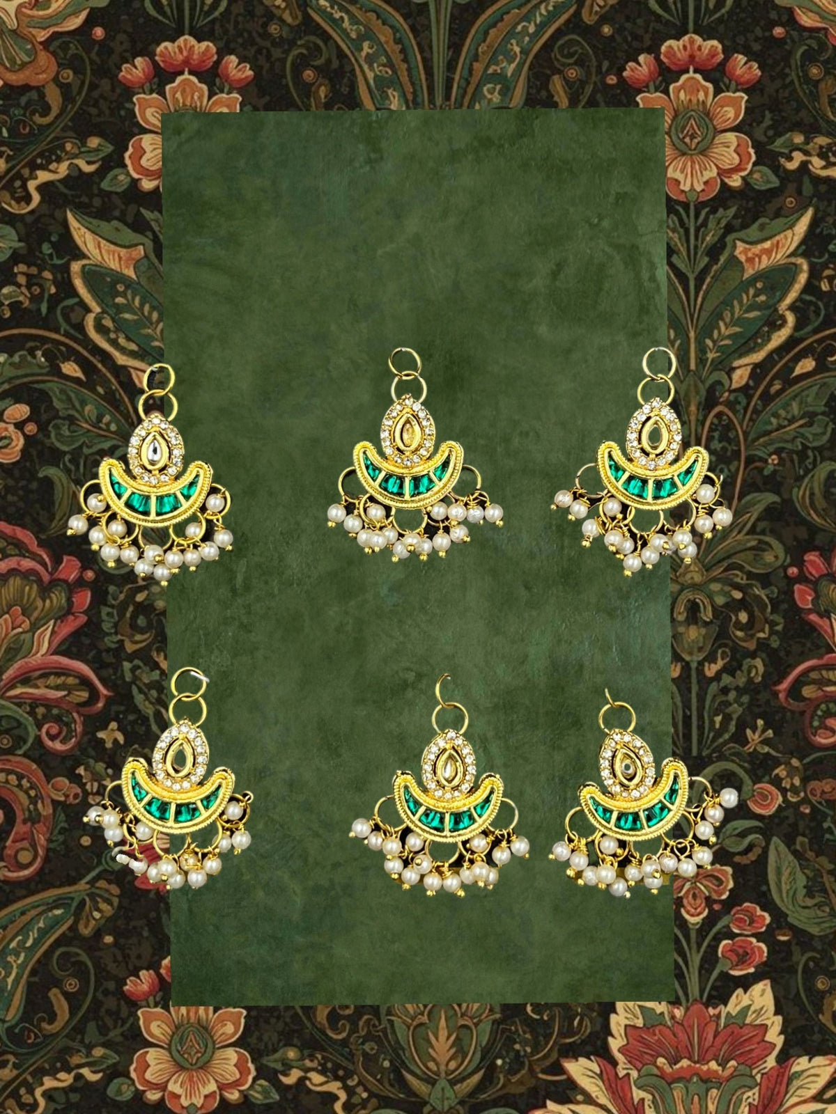 SHE BEAUTY crescent moon meenakari hair beads with green enamel, gold finish, and hanging pearl accents, set of 6