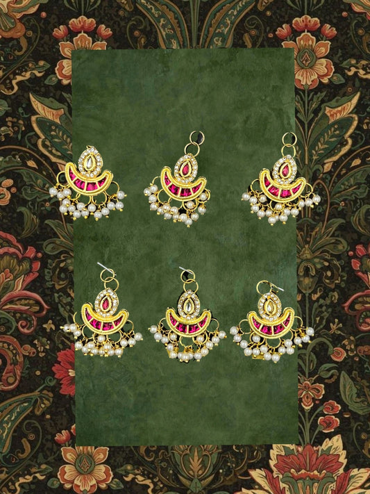 SHE BEAUTY crescent moon meenakari hair beads with gold finish, pink enamel, AD stones, and dangling pearl accents.