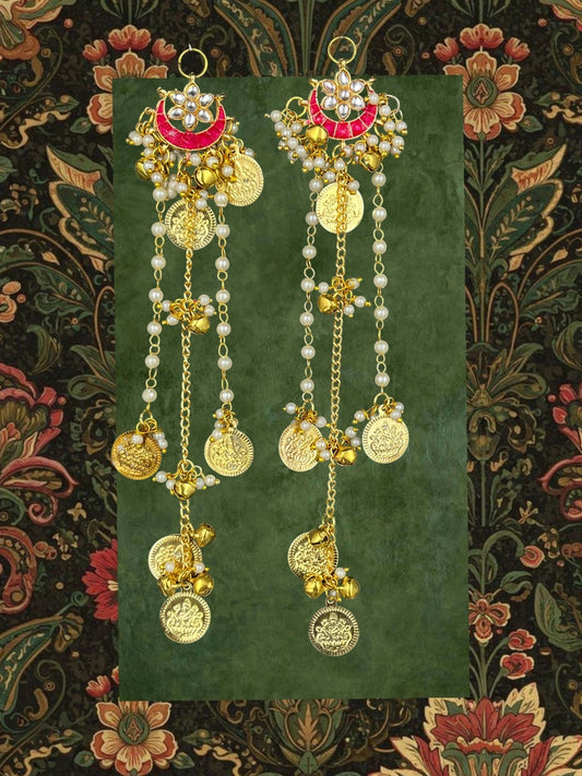 SHE BEAUTY crescent moon earrings with pink enamel, pearls, gold coin charms, and dangling bell chains for festive wear.