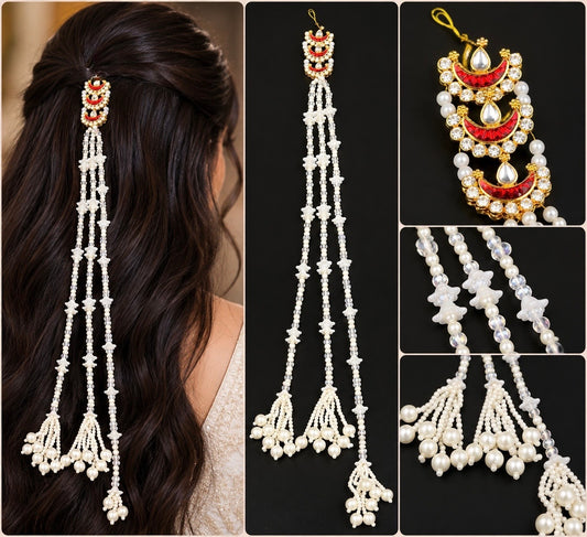 SHE BEAUTY crescent moon hair accessory with red crystals, pearls, and floral beads for festive braided hairstyles.