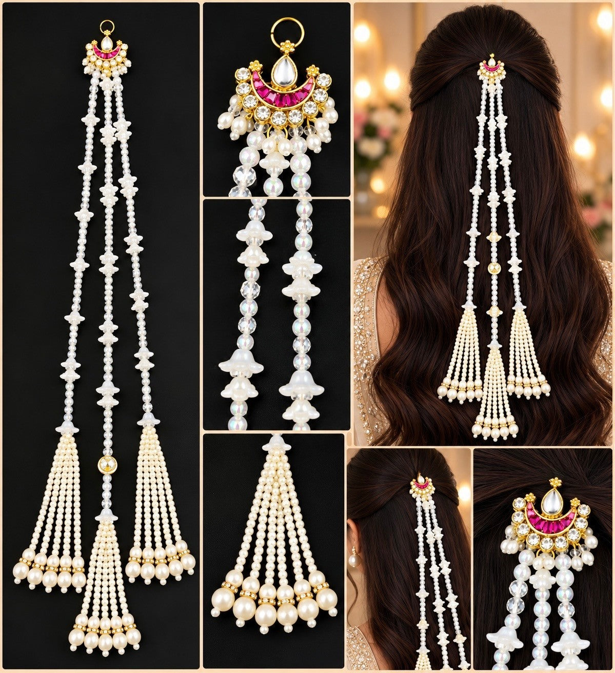 SHE BEAUTY crescent moon hair accessory with pearls, crystals, and floral accents for festive braid styling.
