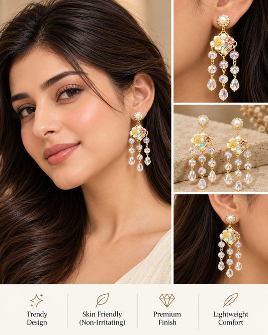 SHE BEAUTY Crystal Bouquet earrings featuring gold-tone metal, floral accents, pearls, and dangling iridescent crystals.