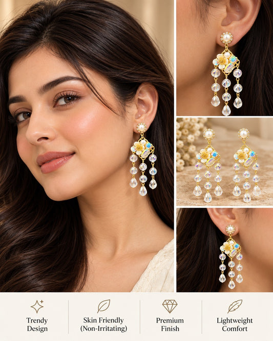 SHE BEAUTY CRYSTAL BOUQUET gold-toned drop earrings featuring floral motifs, pearls, and dangling iridescent crystals.