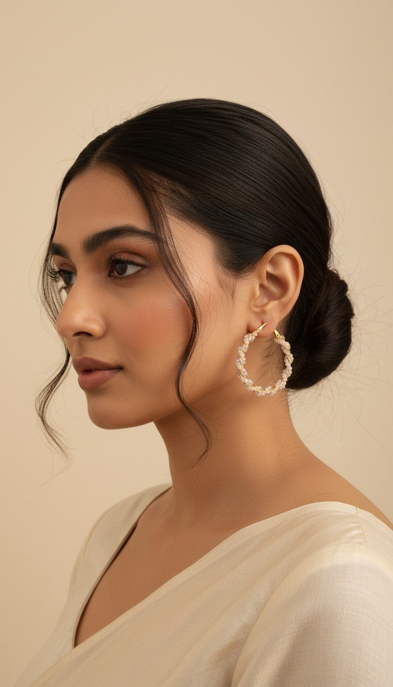 SHE BEAUTY Girlish Crystal Bali hoop earrings featuring delicate twisted crystal detailing on a gold-tone frame.