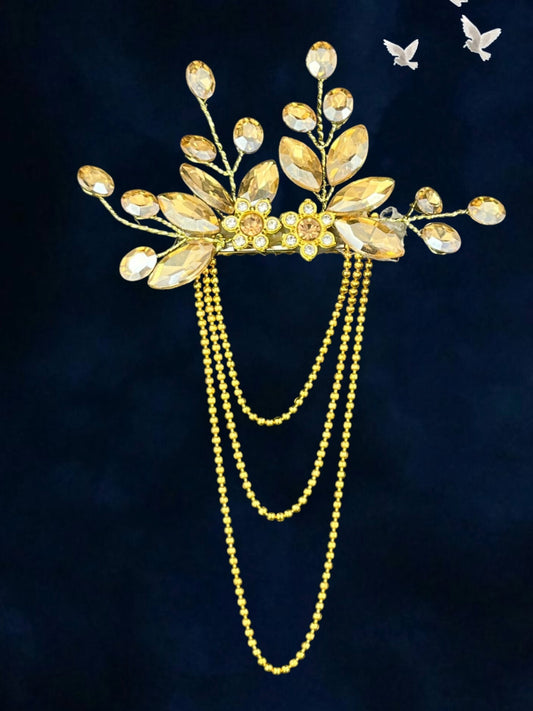 SHE BEAUTY crystal leaf hair pin with gold tone chain tassels and decorative rhinestone floral accents