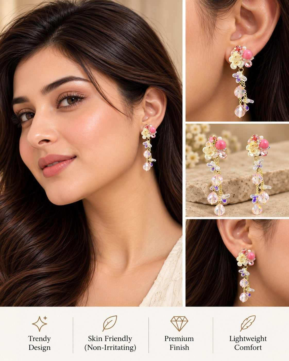 SHE BEAUTY CRYSTAL RAIN floral drop earrings with pink and yellow crystals on a model for festive party wear