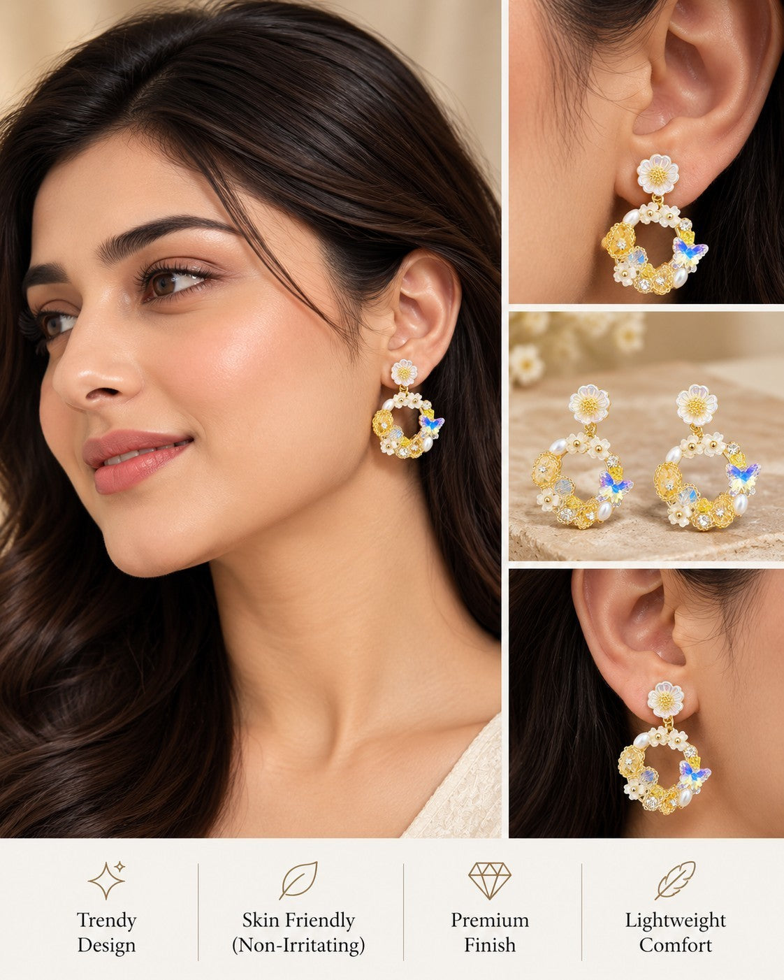 SHE BEAUTY Floral Arc earrings featuring white daisy studs, gold hoops with pearls, and blue butterfly accents.