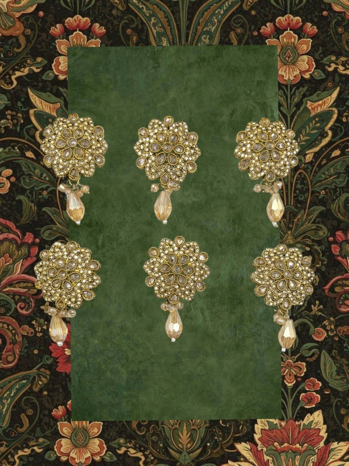 SHE BEAUTY set of 6 floral braid hair brooches with gold-tone metal, clear crystals, and dangling teardrop beads.