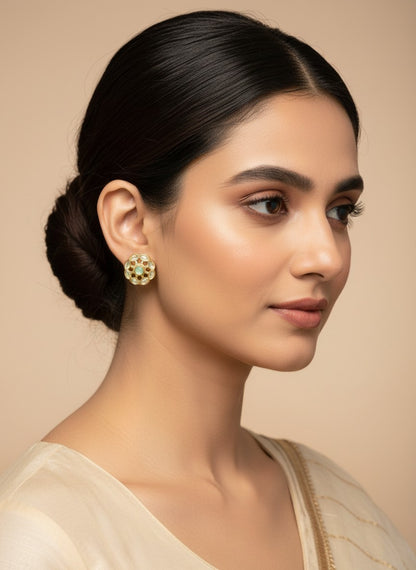 SHE BEAUTY COLOUR STUDS featuring a floral-inspired gold setting with a central mint stone for ethnic occasion wear