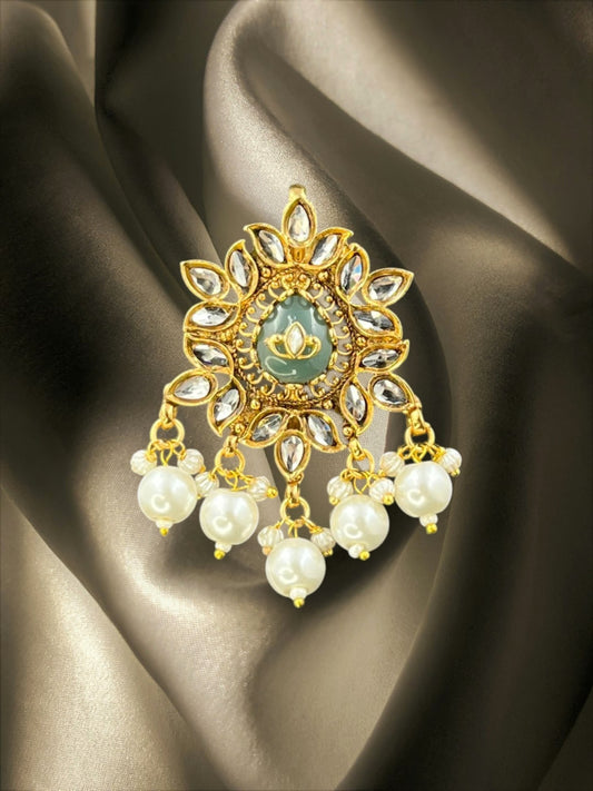 SHE BEAUTY floral Meena stone juda hair brooch with white pearls and gold-tone finish for festive party wear.