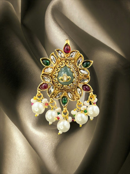 SHE BEAUTY floral Meena stone juda hair brooch with pearls and gold-tone finish for festive party wear