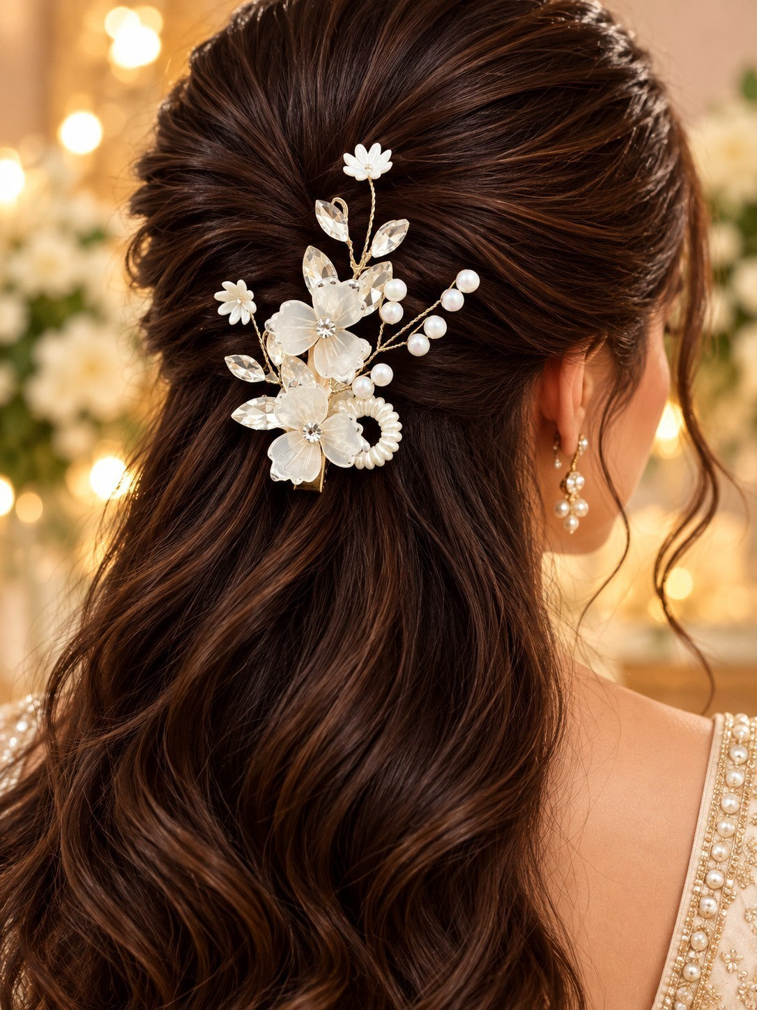 SHE BEAUTY twin floral hair pin with white petals, crystals, and pearls styled in wavy brown hair for festive wear.