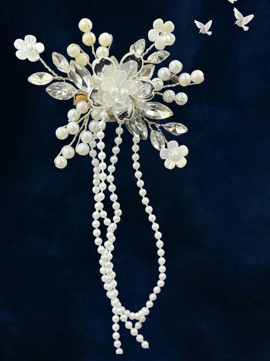 SHE BEAUTY frosted flower hair clip with white pearls and crystal accents featuring elegant hanging pearl tassels.